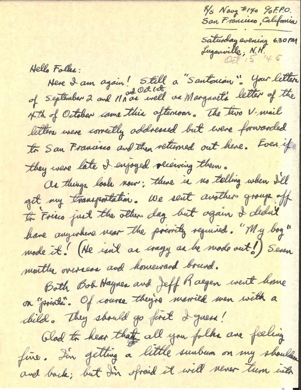 <p>Letter from James Wright to his parents, Oct. 15, 1945, page 1</p>