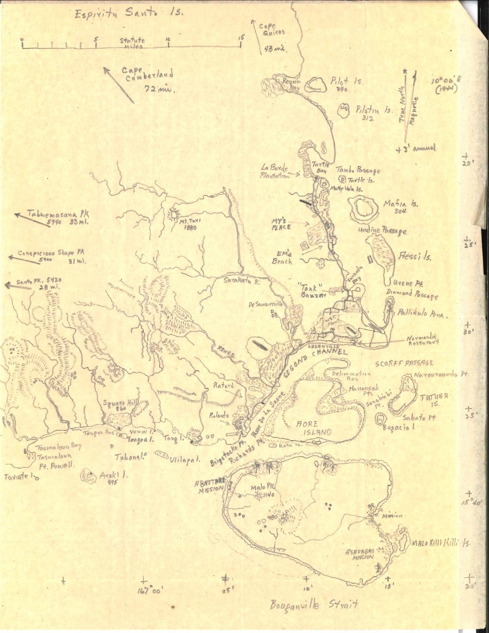 <p>Hand-drawn map of Espiritu Santo Island, Oct. 15, 1945</p>