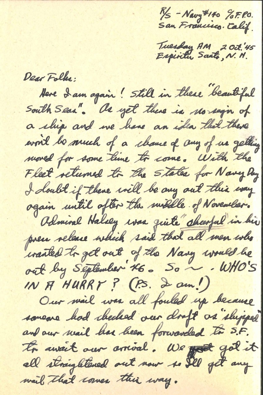 <p>Letter from James Wright to his parents, Oct. 2, 1945, page 1</p>