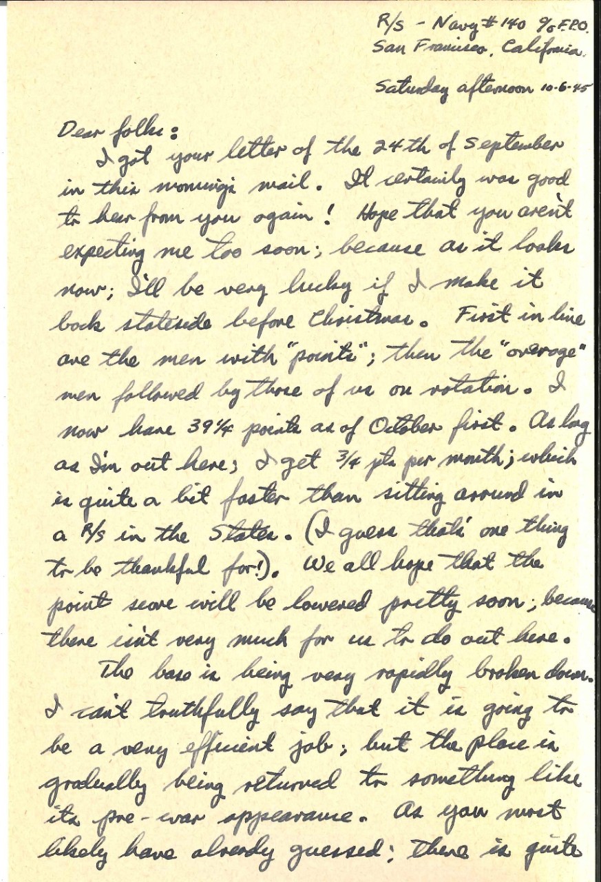 <p>Letter from James Wright to his parents, Oct. 6, 1945, page 1</p>