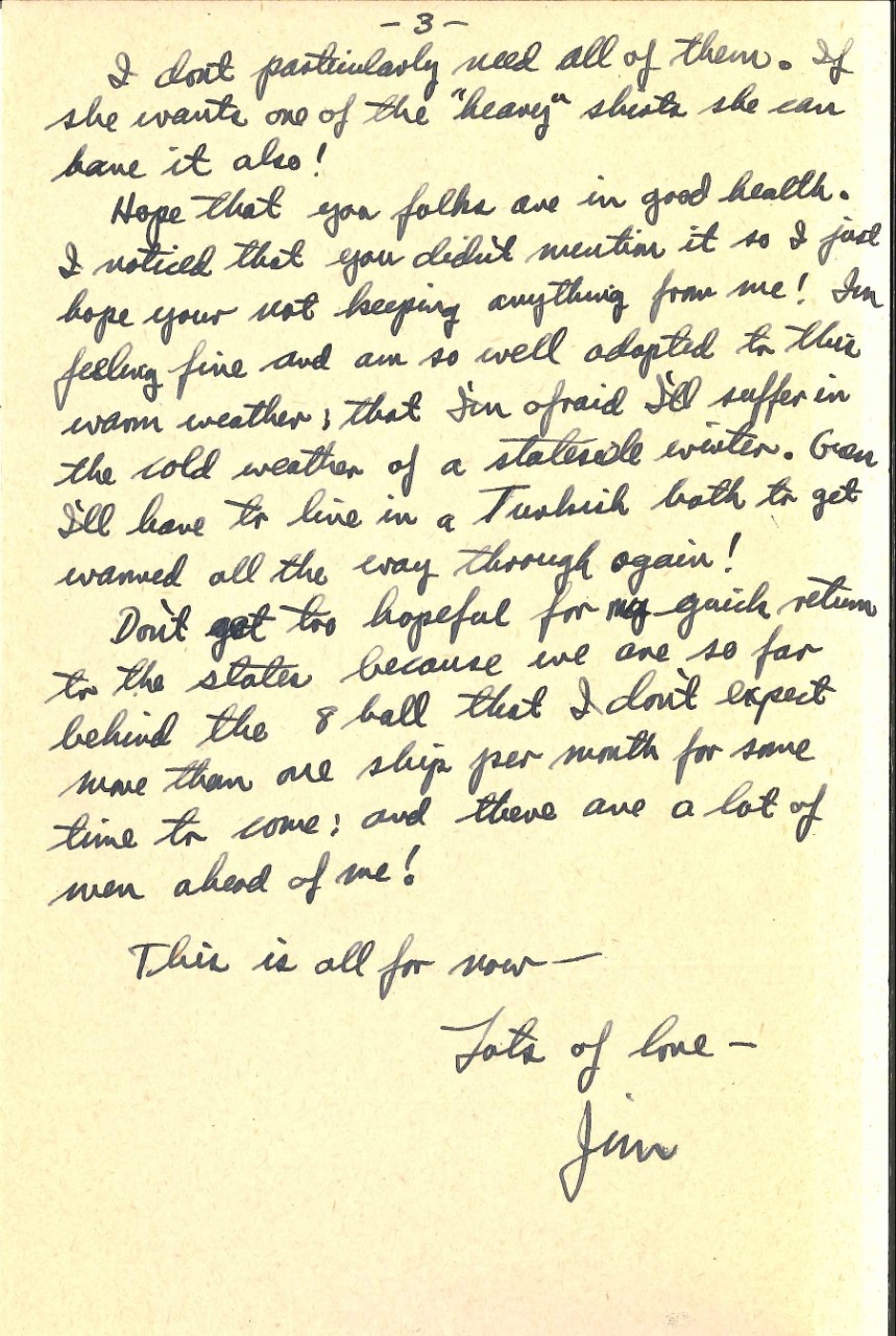 <p>Letter from James Wright to his parents, Oct. 6, 1945, page 3</p>