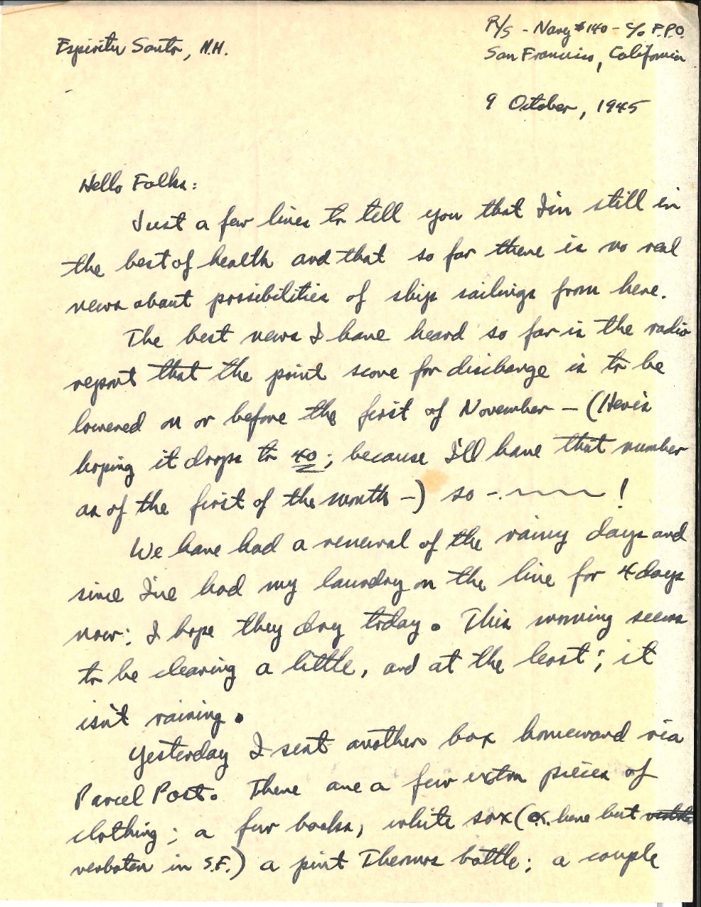 Letter from James Wright to his parents, Oct. 9, 1945, page 1