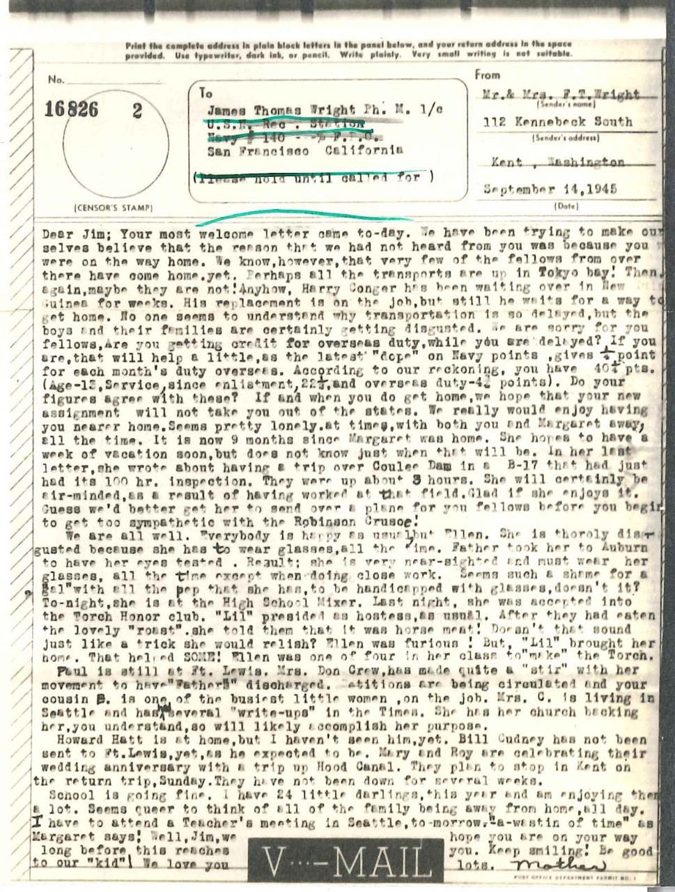 Letter to Wright from his mother, Sep. 14, 1945