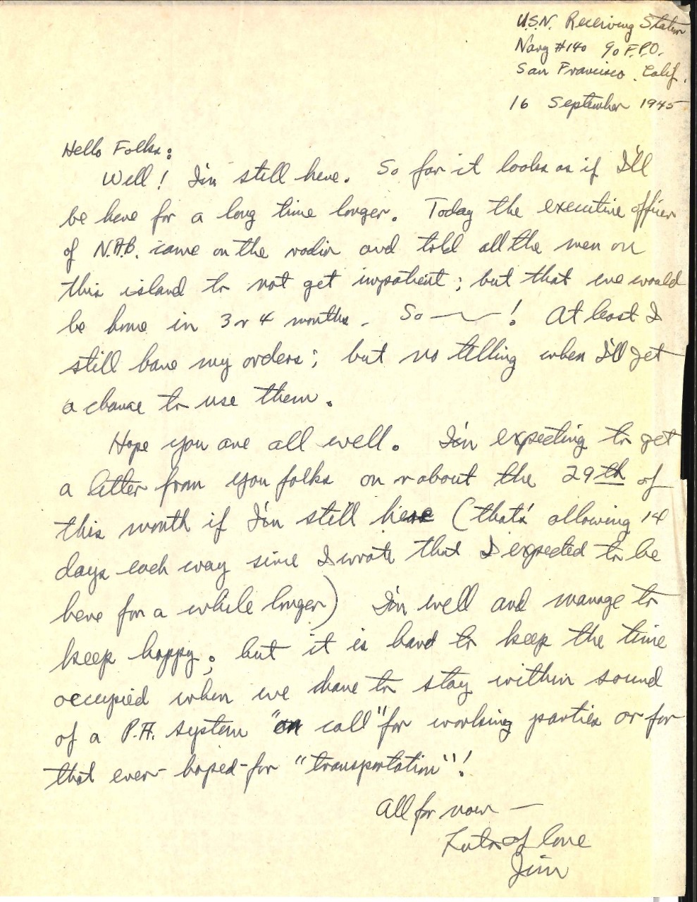 <p>Letter from Wright to his parents, Sep. 16, 1945</p>