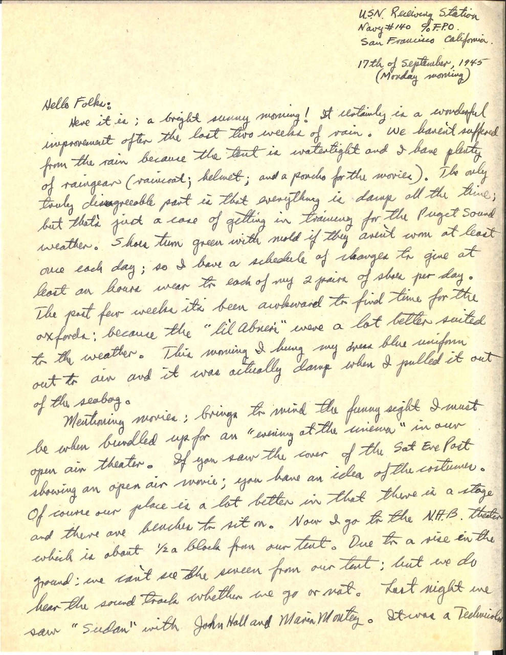 <p>Letter from Wright to his parents, Sep. 17, 1945, page 1</p>