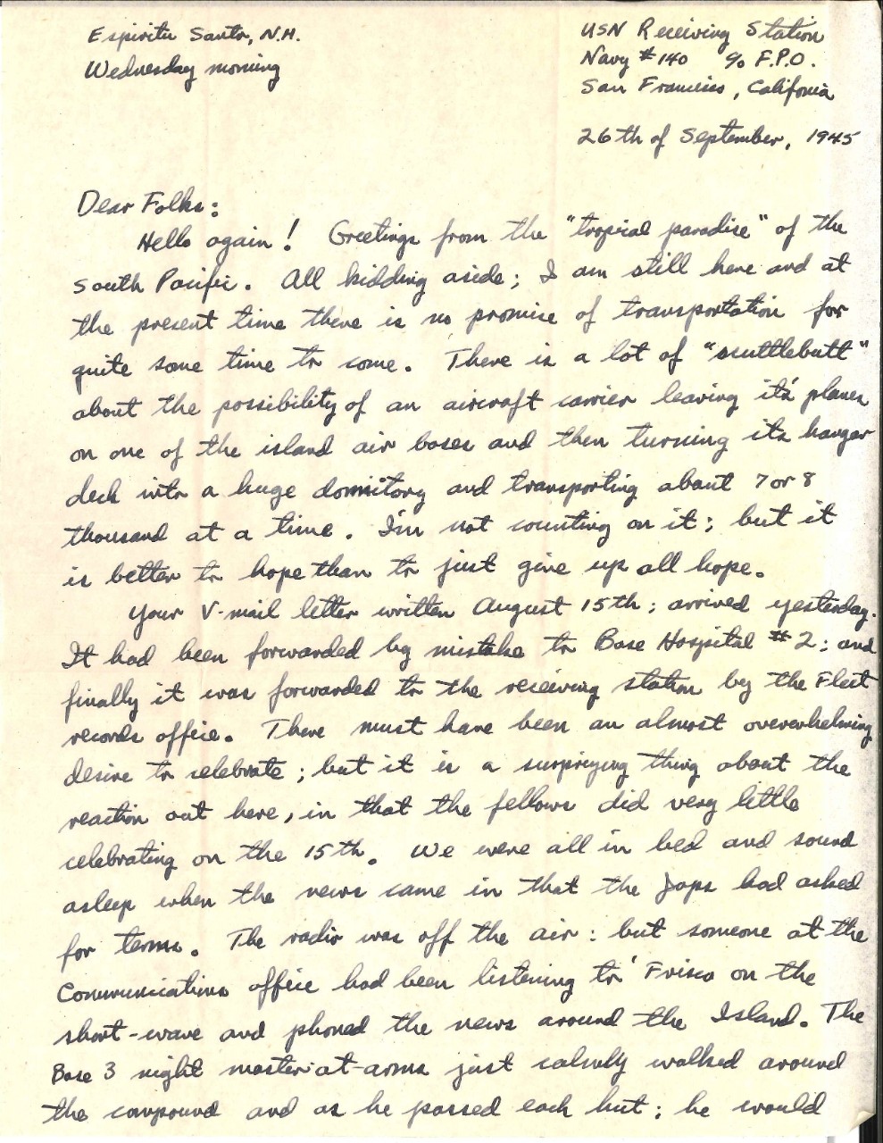 <p>Letter from Wright to his parents, Sep. 26, 1945, page 1</p>