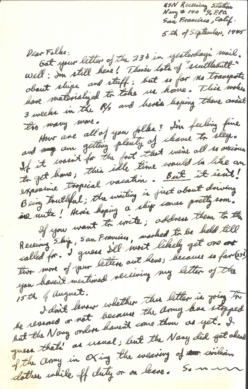 Letter from Wright to his parents, Sep. 5, 1945, page 1