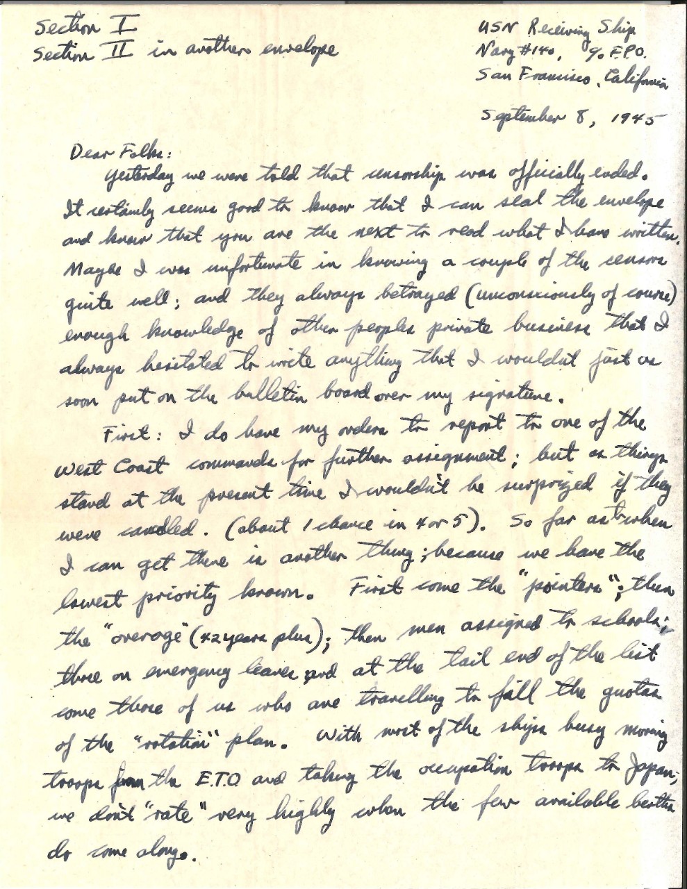 <p>Letter from Wright to his parents, Sep. 8, 1945, page 1</p>