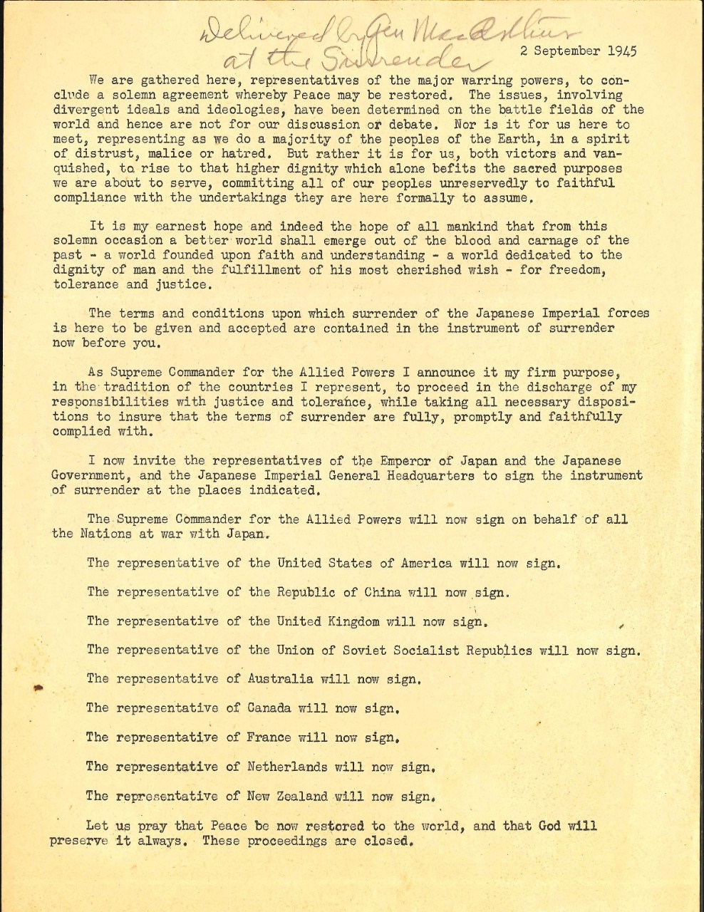 <p>Speech delivered by General MacArthur at the surrender ceremony in Tokyo Bay, Sep. 2, 1945</p>