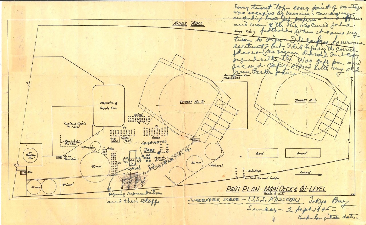 <p>Deck plan of USS Missouri during the surrender ceremony on Sep. 2, 1945, with Admiral Chester Nimitz's handwritten notes</p>