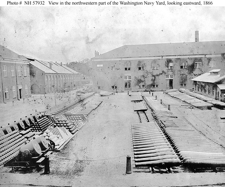 Photo: Storage area for cannon, mortars, and other ordnance at the Washington Navy Yard, 1866