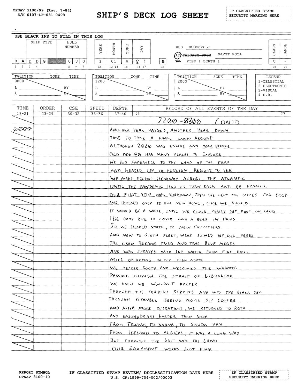 USS ROOSEVELT (DDG-80) 2021 New Years Deck Log Entry Page 1