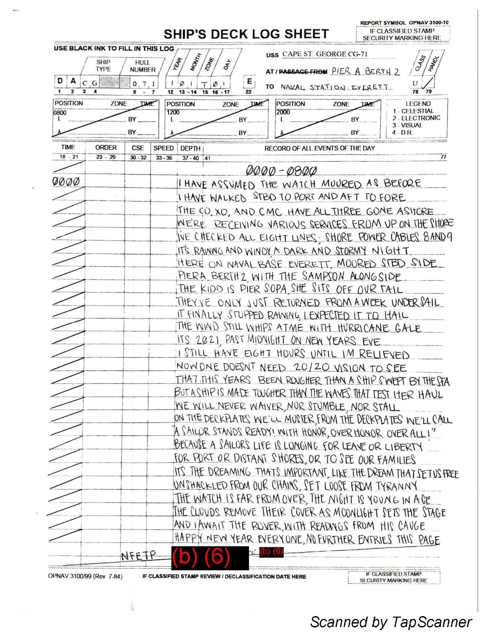 USS CAPE ST. GEORGE (CG-71) 2021 New Years Deck Log Entry