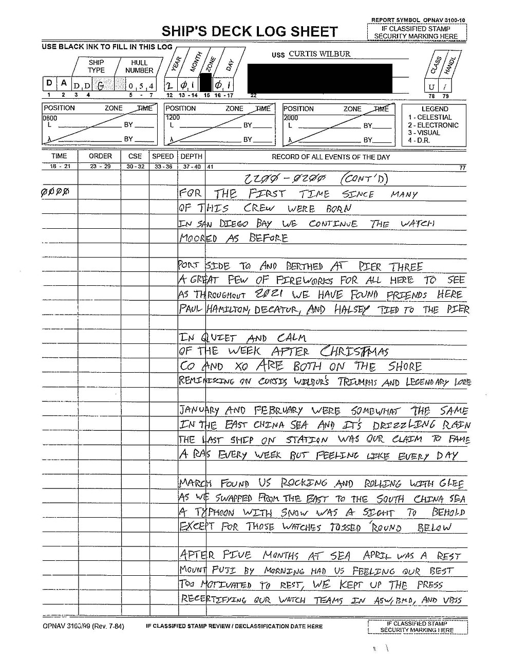 USS CURTIS WILBUR (DDG-54) 2022 New Year's Deck Log Entry Page 1 Image