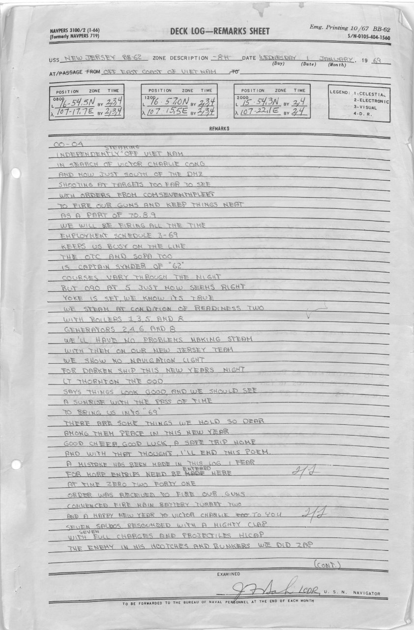 USS NEW JERSEY (BB-62) 1969 New Year's Deck Log Scan Image 1
