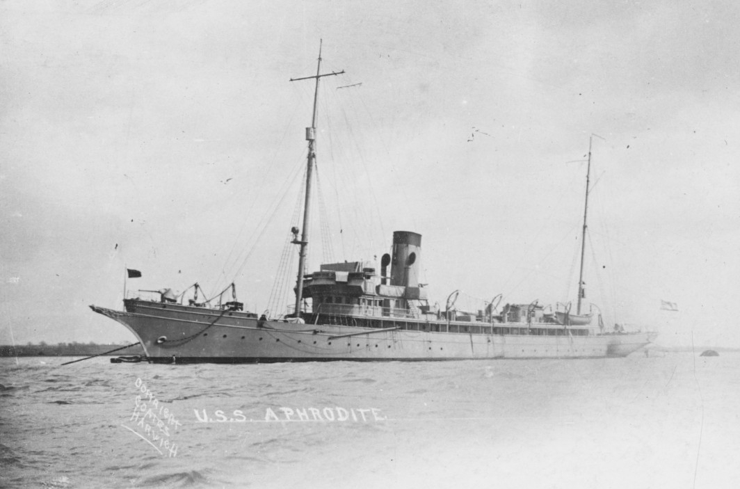 Aphrodite during her service as a station ship off Harwich, England, in late 1918-early 1919. Photographed by Coates, Harwich. The original photograph is printed on postcard stock. Donated by Dr. Mark Kulikowski, 2007. (Naval History and Heritage Command Photograph NH 104493)
