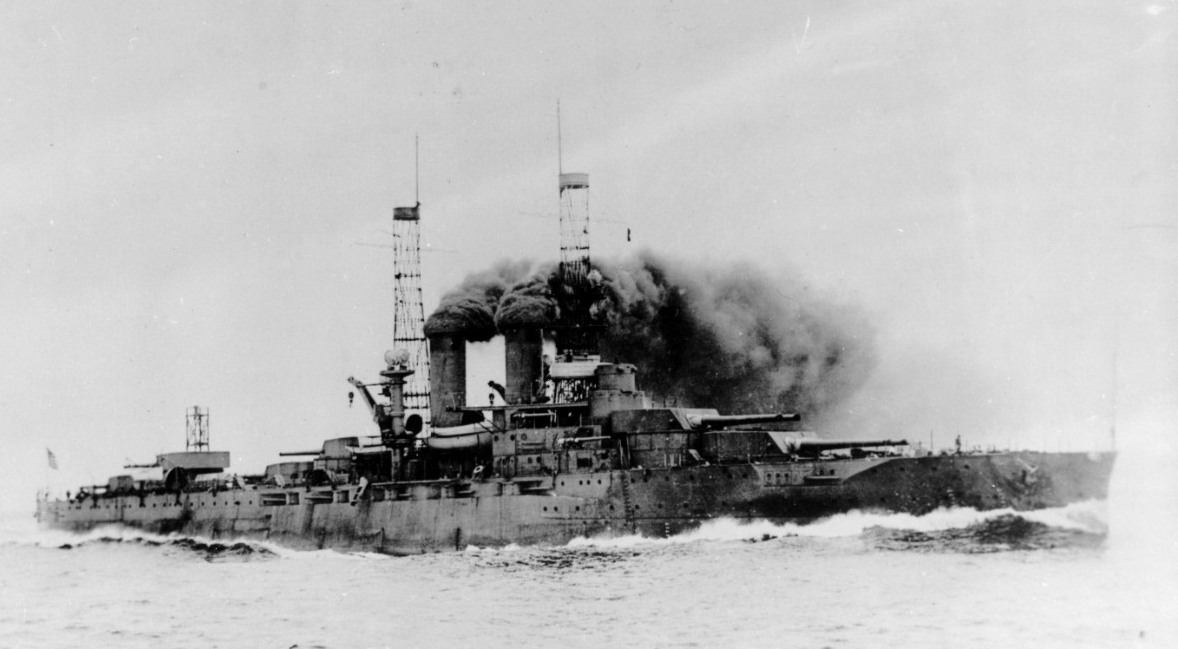 Arkansas churns through the waves with the traditional “bone in her teeth,” most likely during her sea trials, 1912, in an image captured by the noted maritime and naval photographer Nathaniel Livermore Stebbins (1847–1922). (Naval History and Heritage Command Photograph NH 96594)