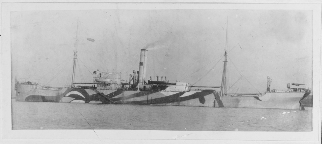 Arvonian, as Santee; note the dazzle camouflage pattern, circa late 1917 or early 1918. (Courtesy of Capt. David C. Hanrahan, November 1929, Naval History and Heritage Command Photograph NH 41623)