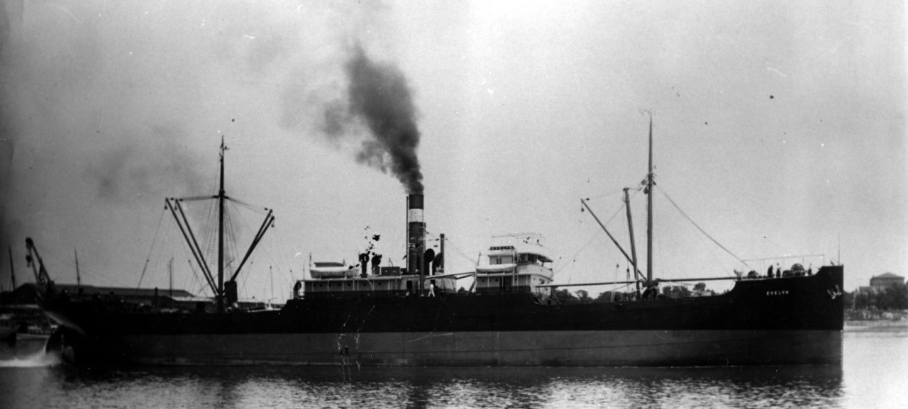 Evelyn underway in an undated image. (Newport News Shipbuilding & Dry Dock Co. Photograph, Asterion (AK-100) Ship History File, History and Archives Division, Naval History and Heritage Command)