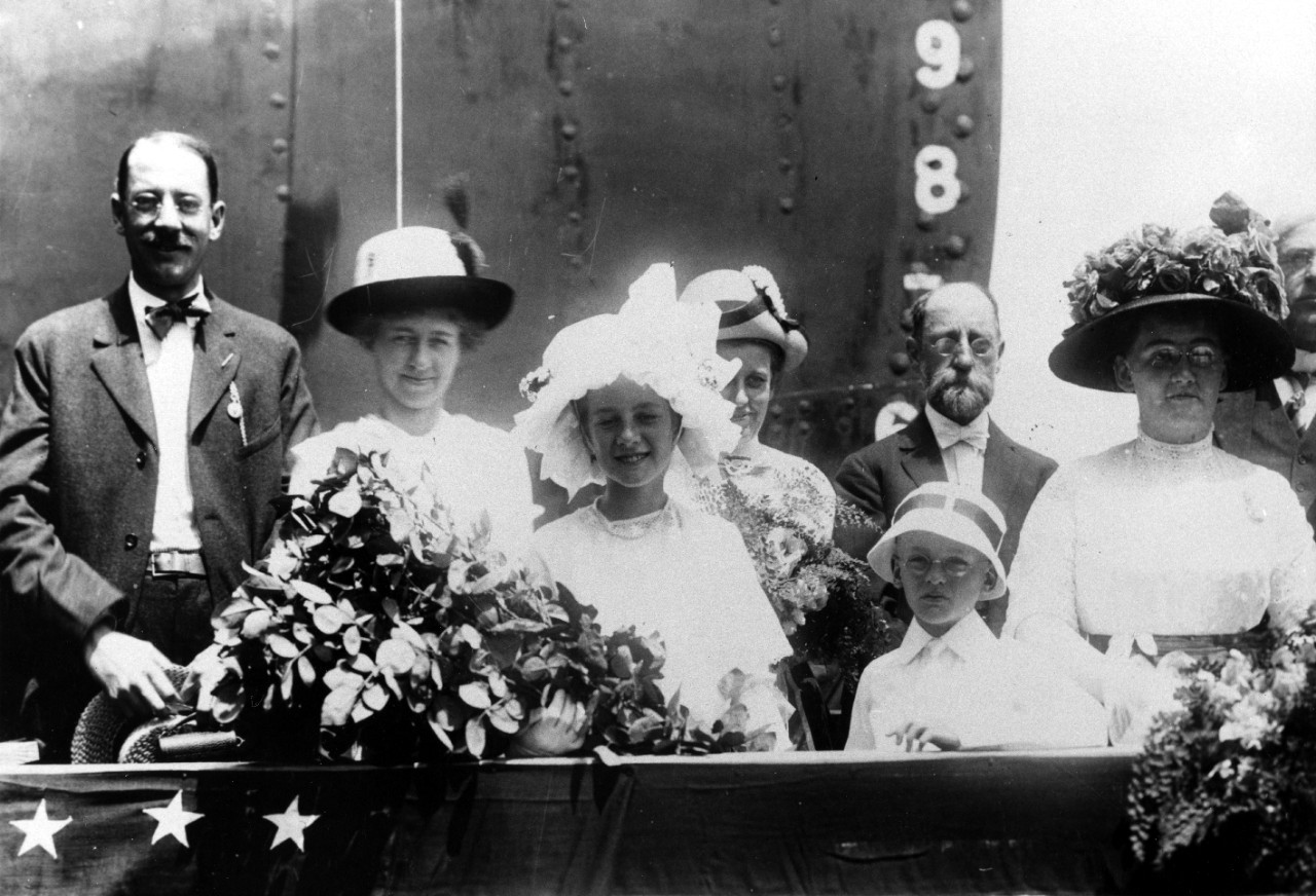 Launching ceremonies for Carolyn at Newport News, 3 July 1912. (Newport News Shipbuilding & Dry Dock Co. Photograph, Atik (AK-101) Ship History File, History and Archives Division, Naval History and Heritage Command)