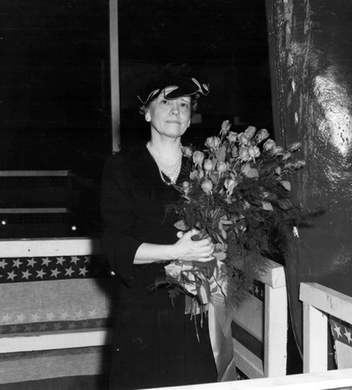 Louise F. Bache, the ship’s sponsor, during the launching ceremony at Staten Island, N.Y., 27 July 1942. (Bache (DD-470), Ships History, Naval History and Heritage Command)