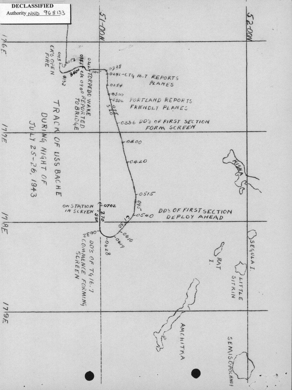 A track chart shows Bache’s maneuvers during the confusing Battle of the Pips, 26 July 1943. (Bache (DD-470), Action Report for Night of 25–26 July 1943, in Aleutian Area)