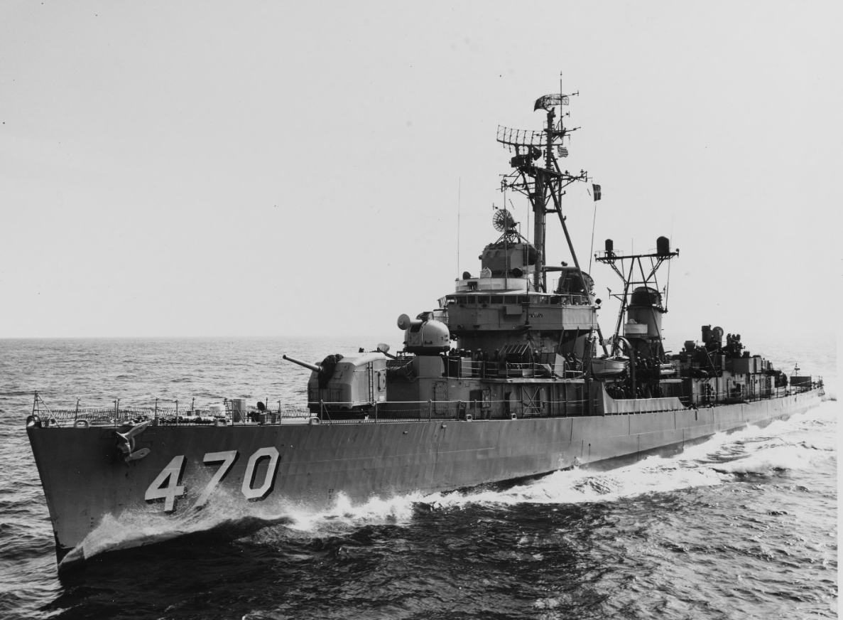 Bache at sea, 24 July 1964. Though reclassified back to a destroyer, she retains her submarine hunting configuration. (Naval History and Heritage Command Photograph (PH1 Arthur W. Gilberson) NH 107299)