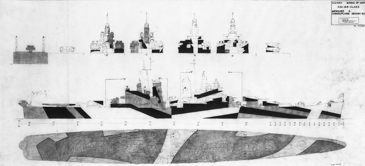 Drawing showing the pattern (Measure 32, Design 16D) for Baltimore’s starboard side and deck camouflage.