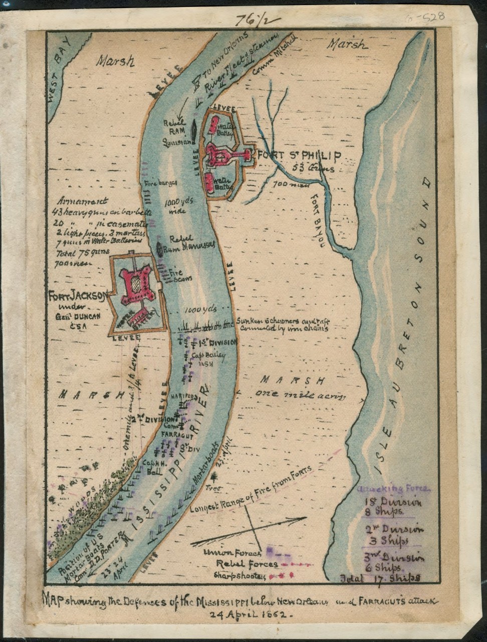 This color map shows how Farragut decisively runs the gauntlet of Confederate fire past New Orleans, La., on 24 April 1862. (Robert Knox Sneden Diary, Mss5:1 Sn237:1 v. 6, p. 528, Virginia Historical Society, Library of Congress)