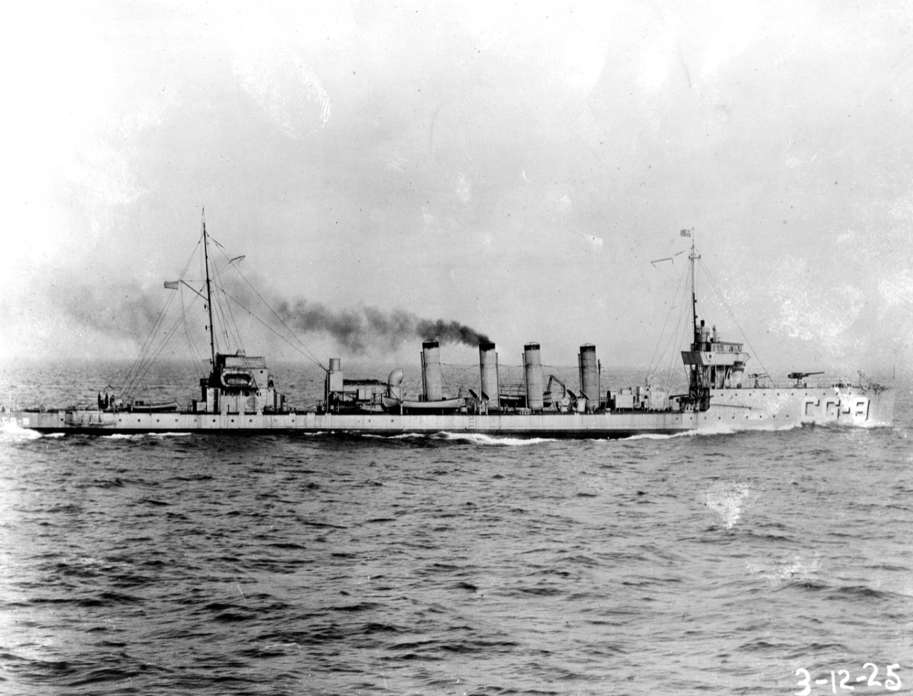 Beale underway as a Coast Guard destroyer, CG-9, 12 March 1925. (U.S. Coast Guard Historian’s Office Photograph, 12 March 1925).