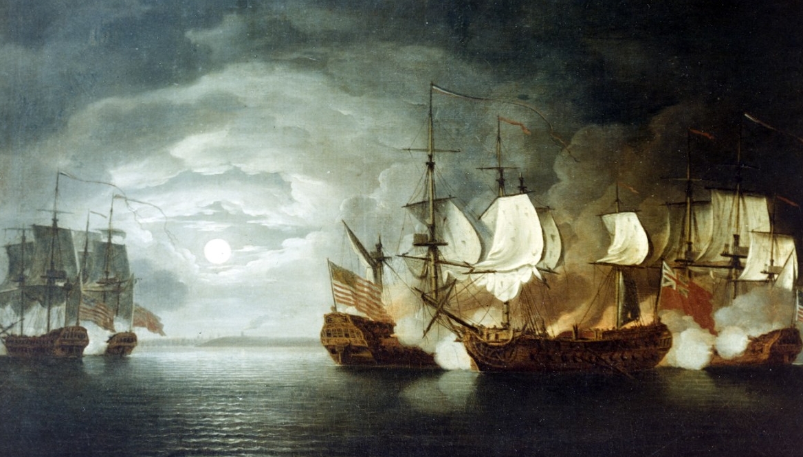 This famous oil-painting of the Battle of Flamborough Head by Thomas Mitchell currently hangs in the U.S. Naval Academy Museum, Annapolis, MD.  It features Bonhomme Richard and Serapis in the heat of their engagement, just at the moment when Alliance opened fire on the American ship.  The battle between Pallas and Countess of Scarborough is visible in the lower-left corner (KN 10855).  