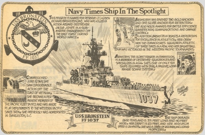 The ship subsequently (following her reclassification to a frigate on 30 June 1975) creates this image for an article in the Navy Times to describe her operations to the public. (Mario Demar, undated U.S. Navy image, Bronstein (FF-1037), Ships History File, Naval History and Heritage Command)