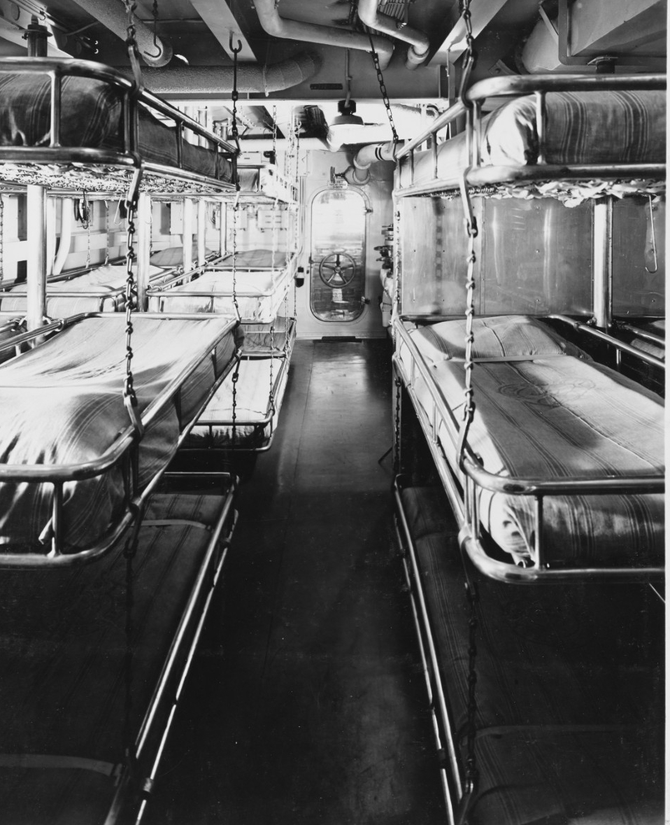 One of the enlisted men’s berthing compartments demonstrates their cramped quarters, 18 January 1938. (Naval History and Heritage Command Photograph NH 56620)