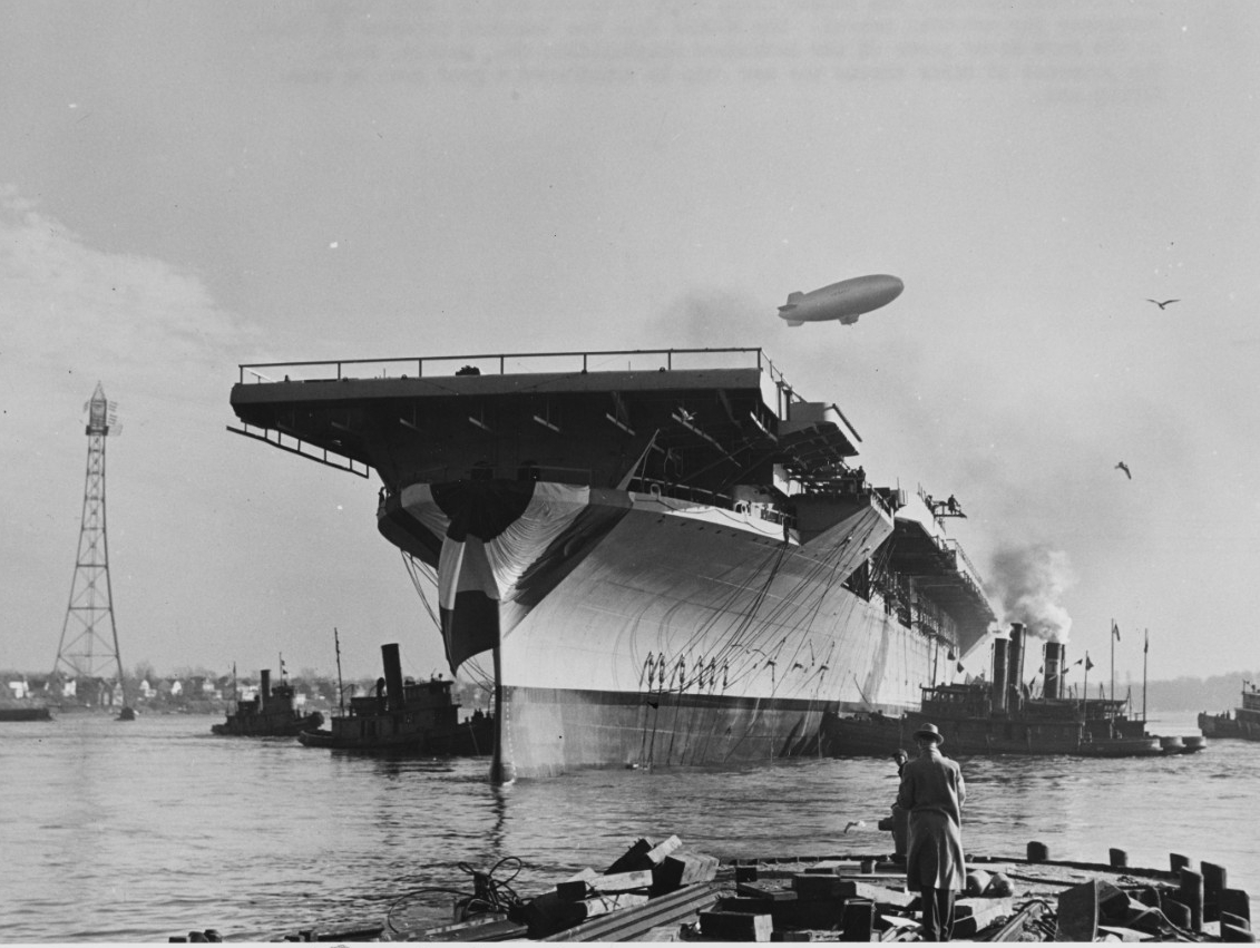 Bunker Hill afloat immediately after launching, 7 December 1942. (Naval History and Heritage Command Photograph NH 97290)