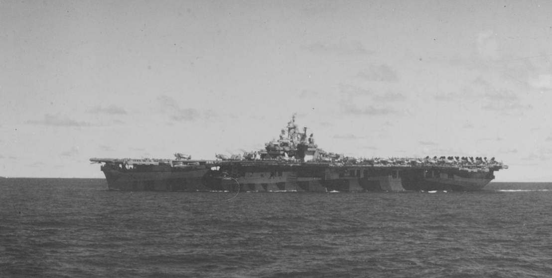 Bunker Hill en route to strike the Japanese in the Palau Islands, 27 March 1944. She is painted in camouflage Measure 33, Design 3A. (U.S. Navy Photograph 80-G-K-1560, National Archives and Records Administration, Still Pictures Division, College Park, Md.)