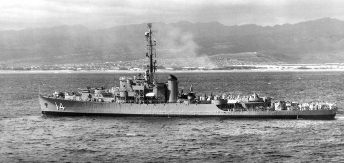 Almirante Brión (ex-Burlington, ex-EK-21) off Oahu, T.H., 2 May 1954, looking little changed from her days under the Stars and Stripes. (U.S. Navy Photograph 80-G-638445, National Archives and Records Administration, Still Pictures Branch, College Park, Md.)