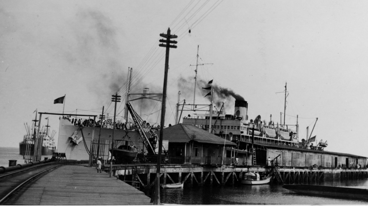 Chaumont pierside at Corinto, Nicaragua, in the 1920s or 1930s. (Naval History and Heritage Command Photograph NH 55091)