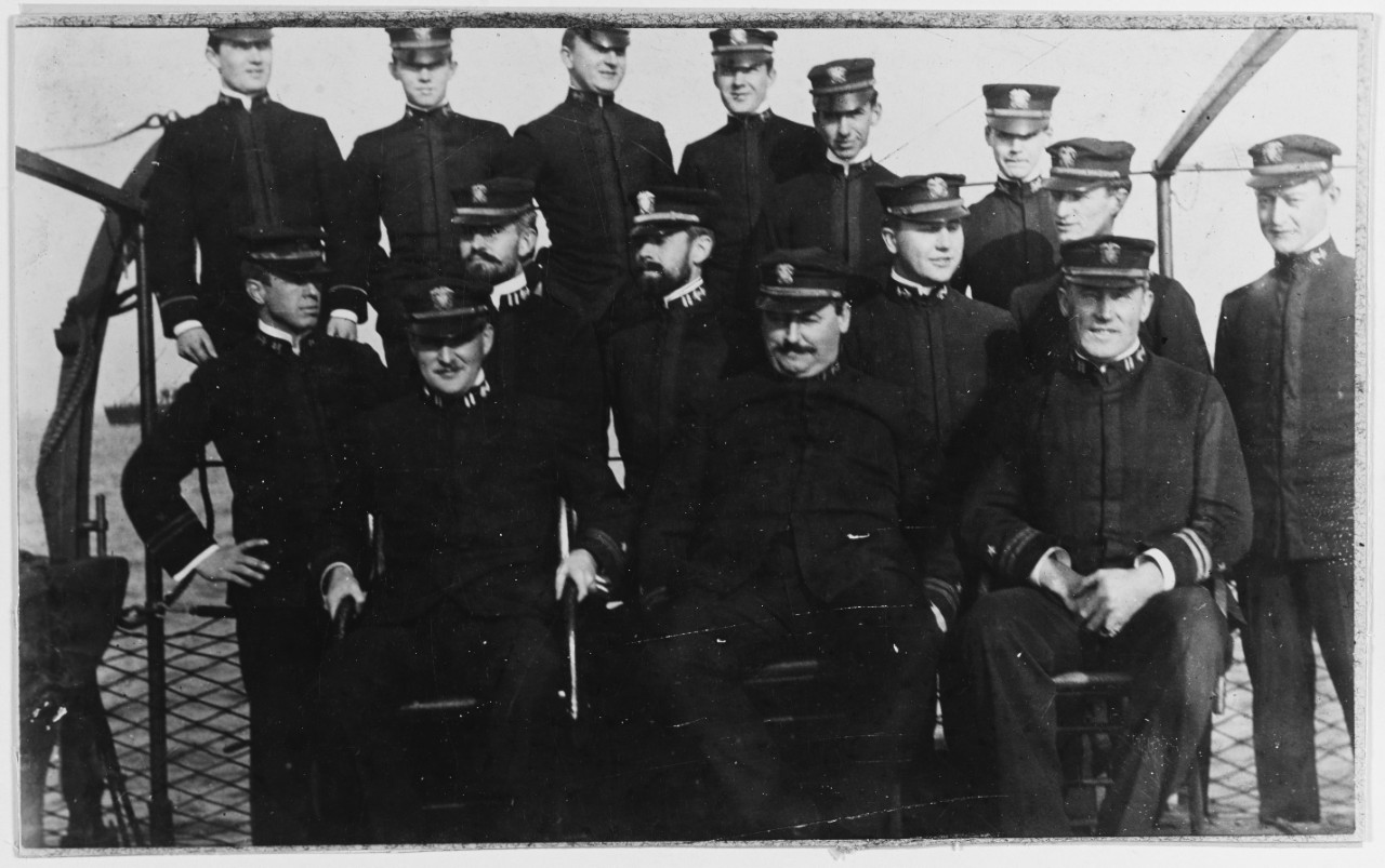 First Torpedo Flotilla group photograph of most of the flotilla's officers, on board Chauncey. Taken at the Norfolk Navy Yard, Va., in late 1903, shortly before the flotilla left for its voyage to the Philippines. (Naval History and Heritage Command Photograph NH 54148)