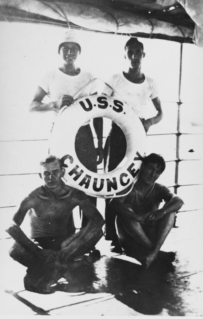 Four of Chauncey’s crewmen pose with a life ring, probably before World War I. Courtesy of Jack Howland, 1981. (Naval History and Heritage Command Photograph NH 92639)
