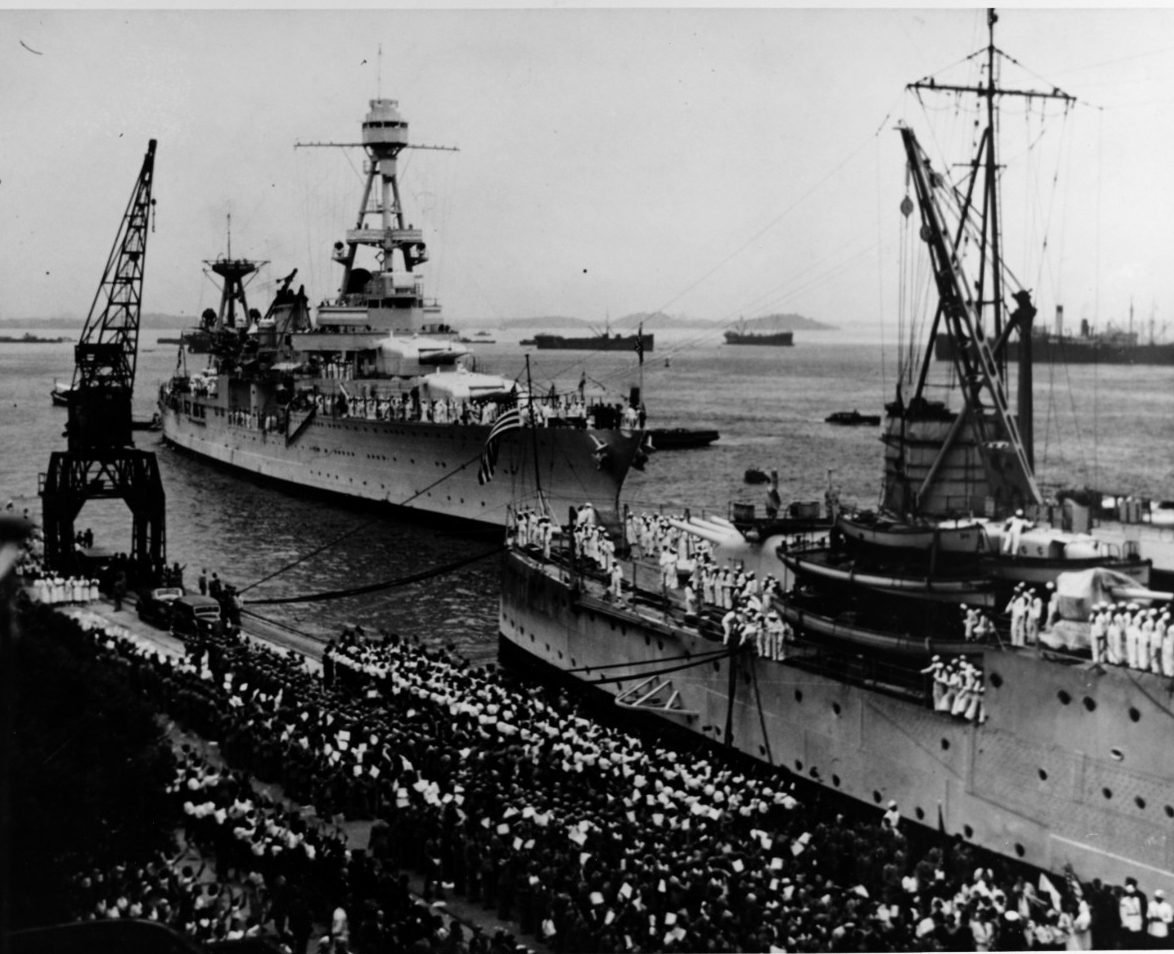 Chester at Rio de Janeiro, 27 November 1936, with Indianapolis (CA-35) in the foreground, the latter serving as the flagship for President Franklin D. Roosevelt. (Naval History and Heritage Command Photograph NH 68102)
