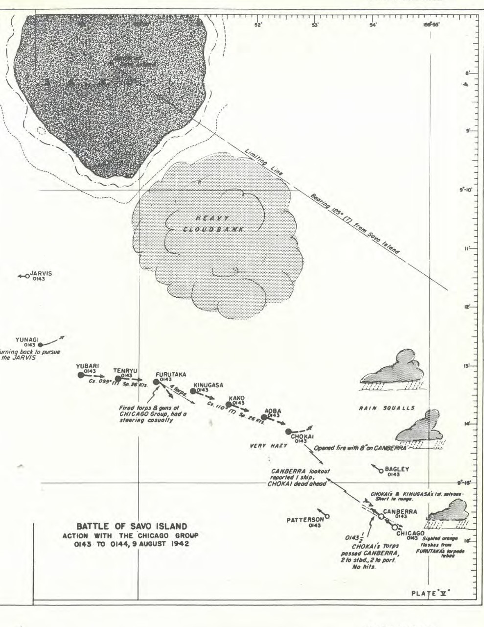 A chart shows the movements of the opposing ships as the Japanese attack the Southern Group during the Battle of Savo Island, 0143–0144 on 9 August 1942. Not all of the ships are plotted correctly but the chart provides a glimpse of the chaos as the enemy assails the Allied ships. (The Battle of Savo Island, August 9, 1942, Strategical and Tactical Analysis, Newport, R.I.: U.S. Naval War College, Plate V, pp. 116–17)