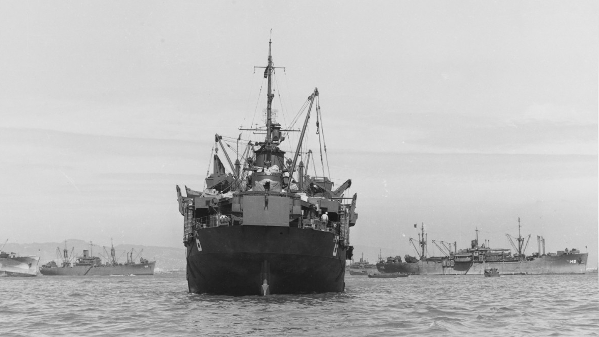 (Left–right) Arneb (AKA-56), Heywood (APA-6), and Clearfield lay at San Francisco, 23 May 1945. (U.S. Navy Bureau of Ships Photograph 19-N-90748, National Archives and Records Administration, Still Pictures Division, College Park, Md.)