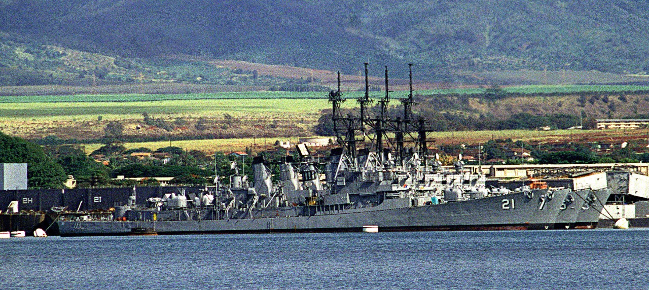 Cochrane, in front, with fellow decommissioned Charles F. Adams class guided missile destroyers, (left to right) Henry B. Wilson, Joseph Strauss and Hoel at Pearl Harbor, 1 June 1991. (OS2 John Bouvia, U.S. Navy Photograph 330-CFD-DN-SC-92-02885,...