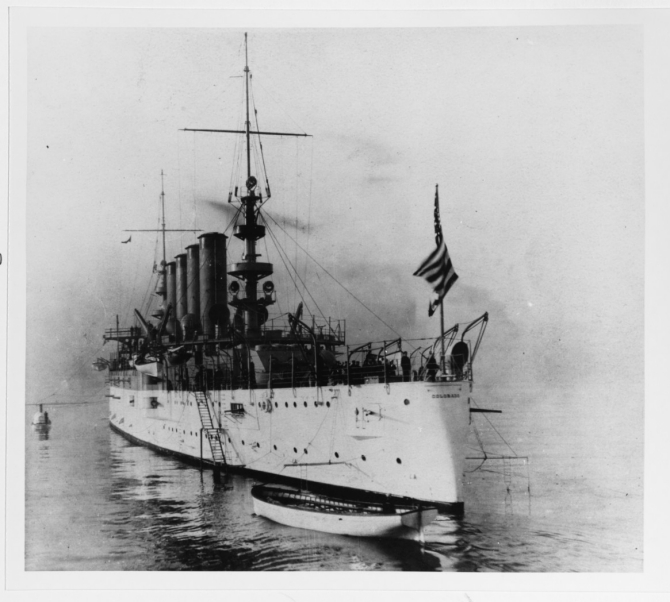 The ship holds morning colors on the quarterdeck while anchored in the Hudson River off New York City, circa 1905–1906. (Courtesy of Robert O’Mara, 1982, of a photograph taken by his Great-Grandfather, U.S. Navy Photograph NH 93677, Photographic Section, Naval History and Heritage Command)