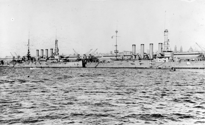 Pueblo and her consorts visit Montevideo, Uruguay (10–23 July 1917). From left to right, they are: either Pueblo or Pittsburgh (Armored Cruiser No. 4); and likely South Dakota (Armored Cruiser No. 9). (Courtesy of William H. Davis, 1976, U.S. Navy Photograph NH 84724, Photographic Section, Naval History and Heritage Command)