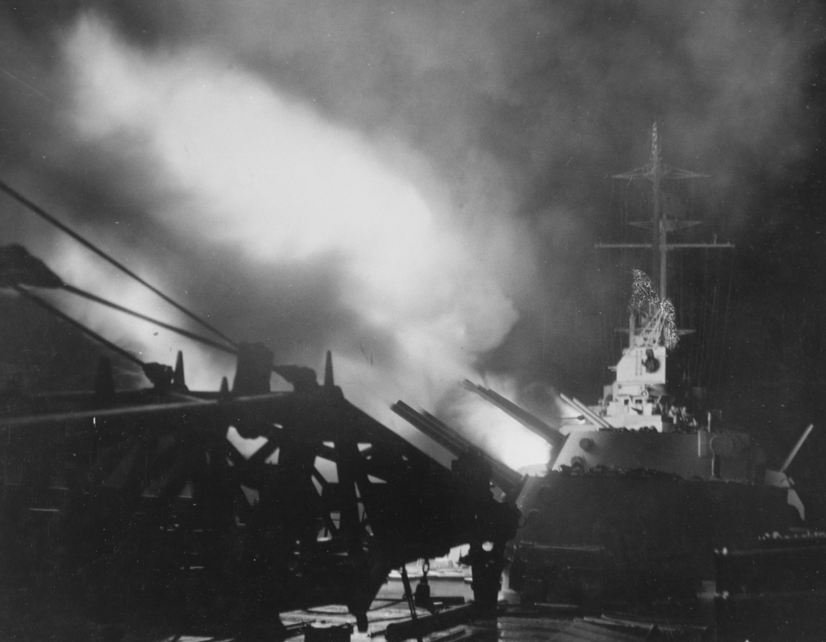 Columbia firing her 6-inch/47 guns during the bombardment of the Shortland Islands, 1 November 1943. (U.S. Navy Photograph 80-G-44058, National Archives and Records Administration, Still Pictures Branch, College Park, Md.)