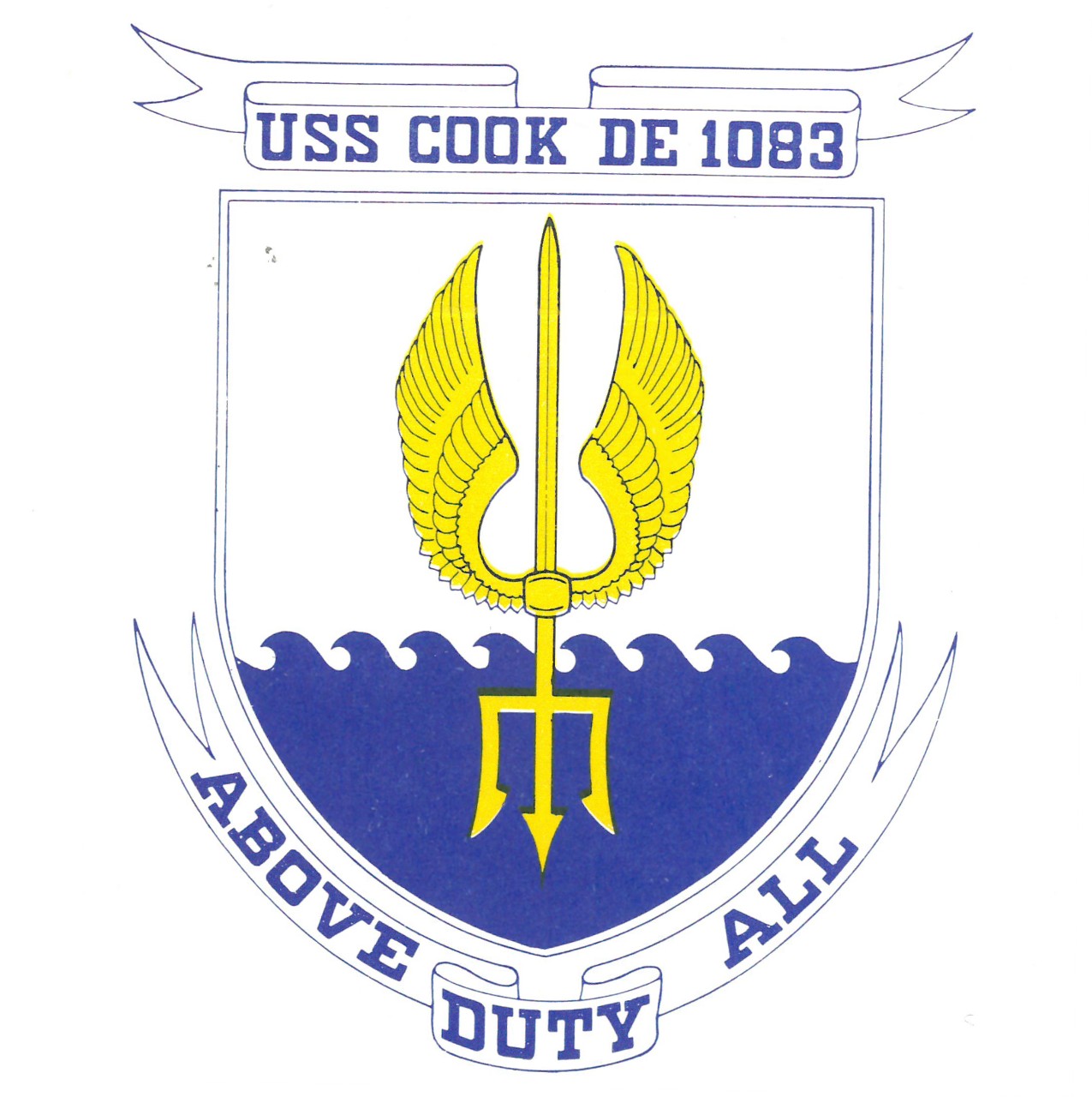 Cook’s insignia reflects the life and deeds of Lt. Cmdr. Cook.  The silver shield emblazoned with the golden wings of an eagle represents Cook’s spirit and bravery, while the vertically-raised sword symbolizes the defense of the United States.  It is also a reference to Cook’s hometown of Annapolis, Md., whose own seal bears a sword being held aloft by Justice.  The seal of the U.S. Naval Academy provides the insignia’s other major element, the Trident of Neptune.  Plunging downwards into the sea, the trident symbolizes Cook’s mission to hunt submarines.  Finally, the motto, “Above All, Duty” summarizes Lt. Cmdr. Cook’s attitude that, “I will always go where my country sends me and will always do whatever it asks.”