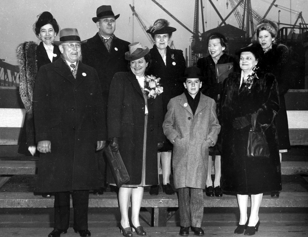 Sponsor party at Kearny on Cooper’s launching day, 9 February 1943, with Mrs. Cooper and her son Glenn front and center. (U.S. Navy Photograph 80-G-220104, National Archives and Records Administration, Still Pictures Division, College Park, Md.)