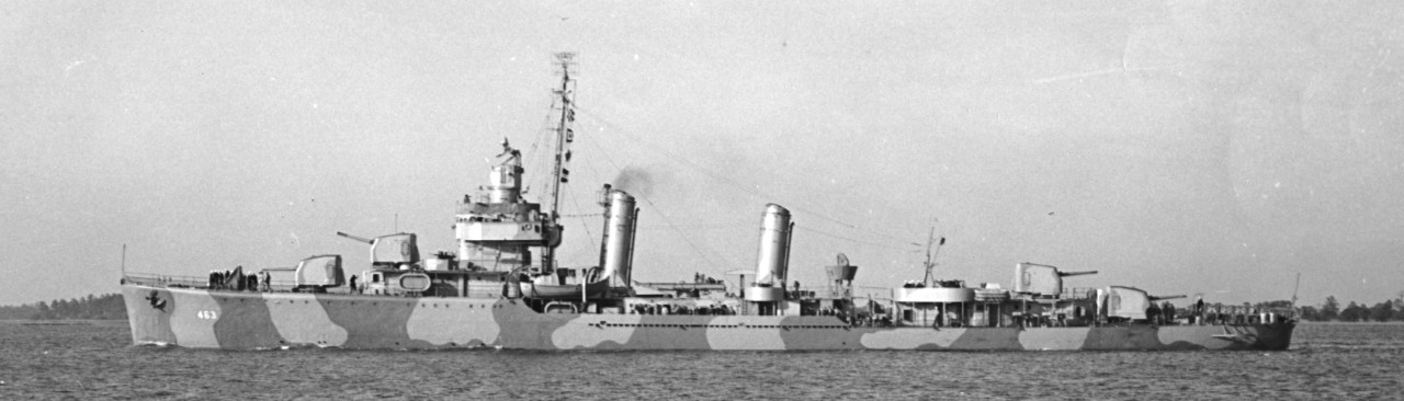 Port broadside view of Corry, 10 March 1942, Charleston, S.C., painted in a Measure 12 (mod.) disruptive camouflage. (U.S. Navy Bureau of Ships Photograph 19-LCM Collection, National Archives and Records Administration, Still Pictures Division, College Park, Md.)