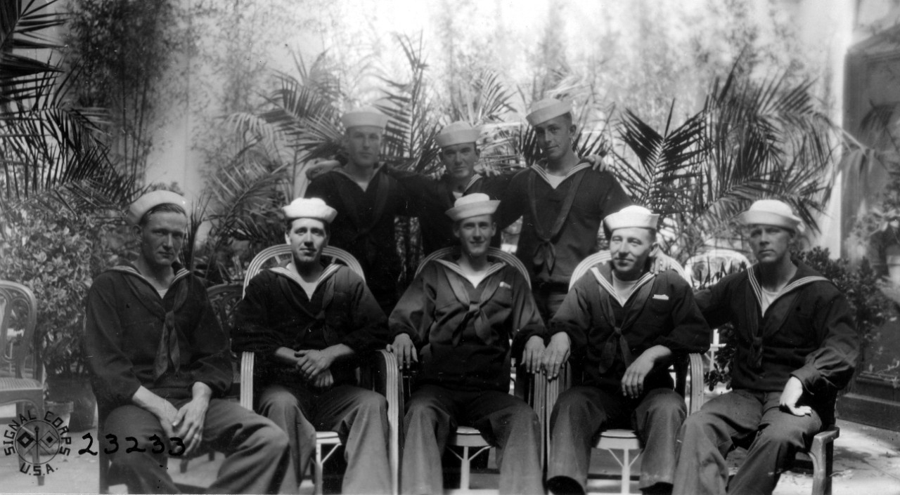 Eight Covington sailors relax in the court of the YMCA Hotel at Bordeaux, France, 25 August 1918. (U.S. Army Signal Corps Photograph 111-SC-23233, Pvt. J. W. Beach, Signal Corps, National Archives and Records Administration, Still Pictures Division, College Park, Md.)